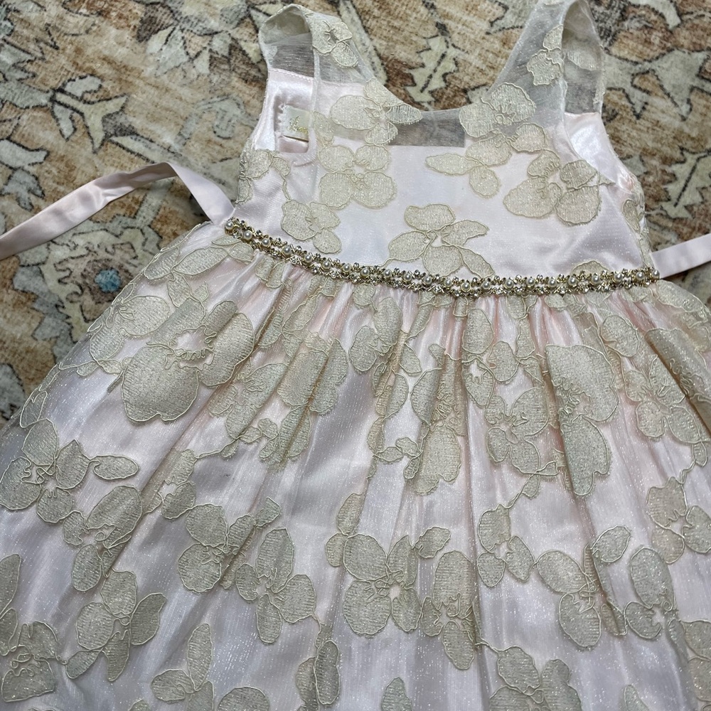 Blush pink and gold lace, little girls formal dress